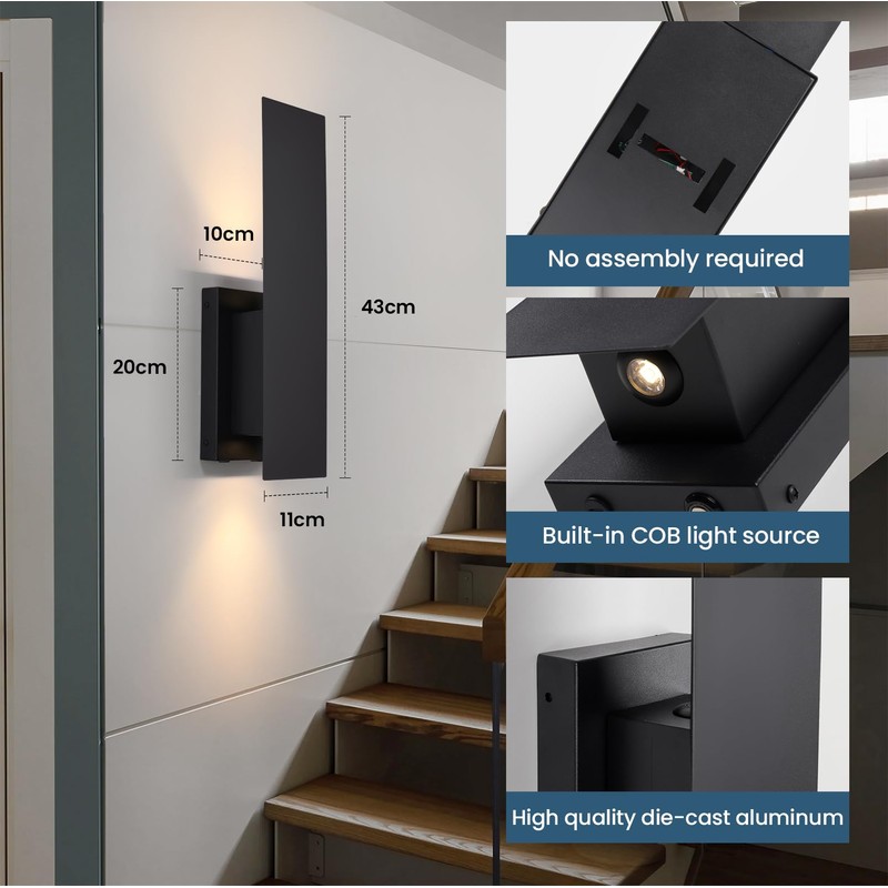 Black Wireless Wall Sconces Set of Two,3000K-6000K Dimmable Battery Operated