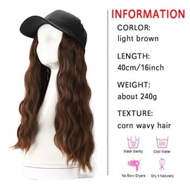 LaLuLoLi Womens Light Brown Hair Extensions with Black Baseball Cap 16inch Long Curly Hairpiece Hat Wavy Corn Wave Wig with Black Cap for Women Girl Lady Daily Use