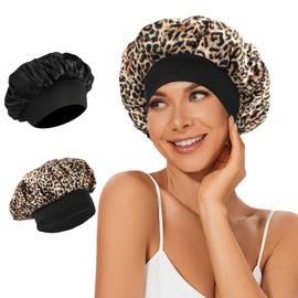 2Pcs Satin Bonnet Silk Bonnet, Hair Bonnet for Sleeping, Elastic Wide Band Silk Sleep Cap, Soft and Breathable(Black Leopard)