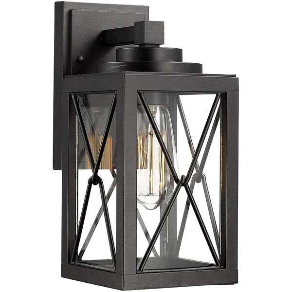 Emliviar Outdoor Wall Mount Light Fixture, Modern Exterior Wall Sconce in Black Finish with Clear Glass, 0387BK