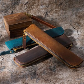 Cat Sennin Pencil Case, Pen Case, Pen Holder, Pencil Holder, Pen Pouch, Simple, School Entrance, Stationery, Small Items, Large Capacity, Zipper Included, Pencil Case, Leather, Slim, Brown, Pen Case