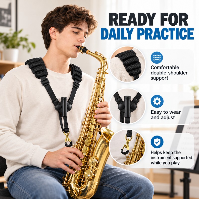 Adjustable Saxophone Shoulder Strap, Leather Double Shoulder Harness for Alto,