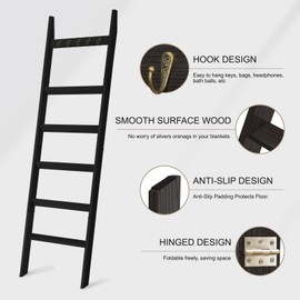 TEAKMAMA 6-Tier Blanket Ladder for Living Room and Bedroom,5.4 Ft Wall Leaning Quilt Rack with Hooks,Rustic Decorative Farmhouse Blanket Storage,Stylish Ladder Holder,Christmas Decorations,Black