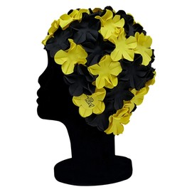 Blue Reef Isla Floral Ladies Classic Retro 3D Flower Petal 2 Colour Stylish Vintage Swimming Hat Swim Cap One Size Adults (Yellow/Black)