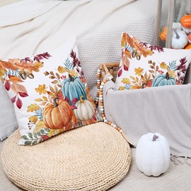 AACORS Fall Pillow Covers 18x18 Set of 2,Pumpkins Maple Leaves Decorations Floral Farmhouse Autumn Throw Pillow Case Decor for Home Sofa Couch AA558-18-2