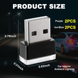 Ziciner 4 PCS USB LED Car Interior Atmosphere Lamp, Portable Mini LED Night Light, Plug-in USB Interface Trunk Ambient Lighting Kit, Universal Interior Accessories (Ice Blue+Purple)