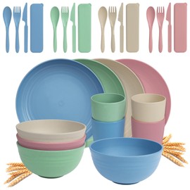 Idealic 28-piece Wheat Straw Dinnerware Set for 4, Microwavable Dishes Dishwasher Safe Unbreakable Dinnerware Set, Dinner Plates,Snack Bowls, Camping Cups, Reusable Kitchen Set, Multi Colors