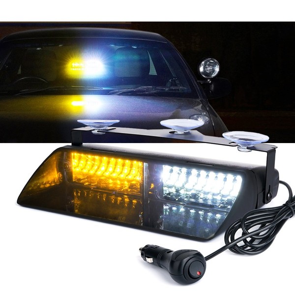 Xprite White Yellow/Amber 16 LED High Intensity Emergency Hazard Warning Strobe Lights w/Suction Cups for Law Enforcement Vehicles Truck Interior Roof Windshield Dash Deck Flashing Light