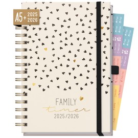Häfft® Family-Timer Deluxe 2025/2026 A5 "Golden Hearts" Family Calendar 4 Columns Spiral Book Calendar Family Planner for 18 Months: July 25 to Dec 26 - Sustainable & Climate Friendly