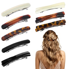 8 PCS French Barrette Hair Clips Small Tortoise Shell Hair Clips Barrettes Vintage Non-slip Curved Glossy Thin Flat Hairs Accessories for Women Thin Curly Hairs (Black White Brown Leopard Print)