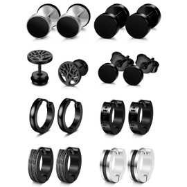 MILACOLATO 8 Pairs Mens Earrings Black Earrings for Men Stainless Steel Hypoallergenic Ear Piercing Black Hoop Earrings for Men Silver+Black