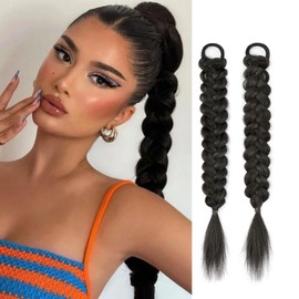 2Pcs Braided Ponytail Extensions with Hair Ties Soft Synthetic Hair Pieces for Women Girls Daily Wear 16 Inch （ Natural black）