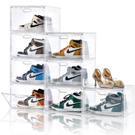Amllas 8 Pack Shoe Boxes Clear Plastic Stackable, Large Shoe Storage Organizer with Lids,Drop Side Shoe Containers for Entryway,Sneaker Storage Fit up to US Size 13 (13’’x 10.6”x 8.3”)