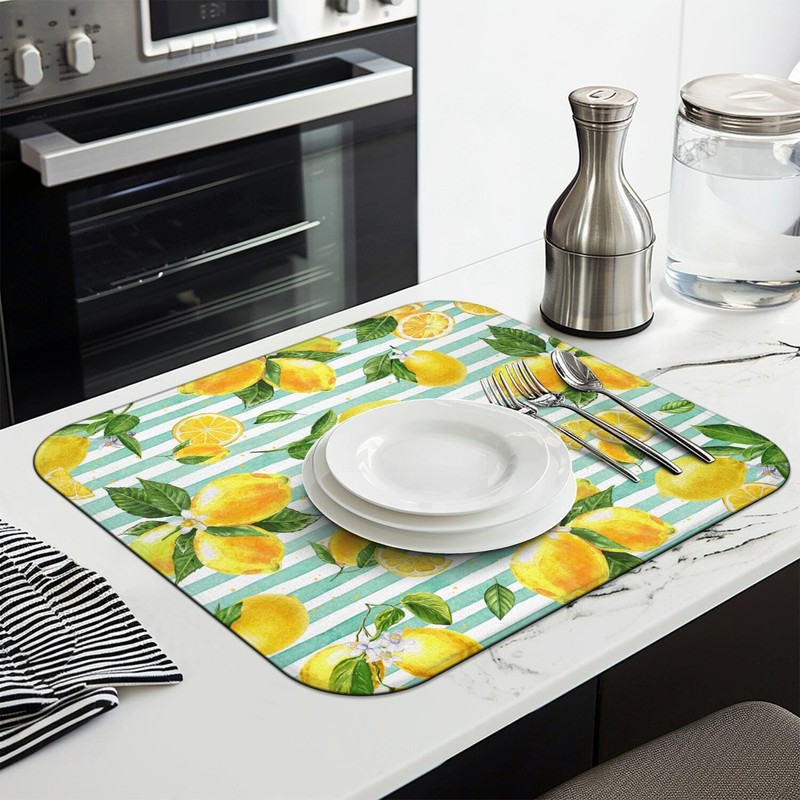 Lemon Dish Drying Mat for Kitchen Counter,Striped Background Yellow Lemon