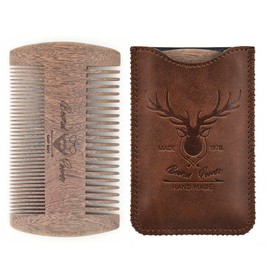 Menesia Sandalwood Beard Comb with Case - Fine & Coarse Teeth, Wooden Pocket Comb for Beards, Mustaches & Hair, Brown Skull Design