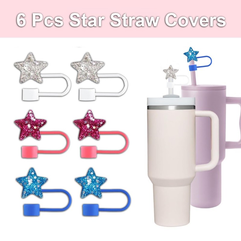 6 Pcs Star Straw Cover Caps White Blue Red Star