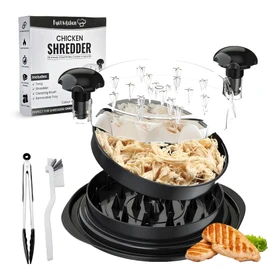 Large Chicken Shredder with Transparent Lid, Brush & Tongs - 10" Handheld Meat Shredder Tool Twist for Chicken, Turkey, Beef, Pork and More - Dishwasher Safe