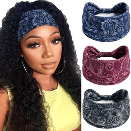 SAWINDA Wide Headbands for Women Boho Stretchy Non-Slip Head Bands for Women's Hair Twist Knot Print Head Wraps Vintage African Womens Head Bands Yoga Sports Turbans Hair Accessories 3 Pack