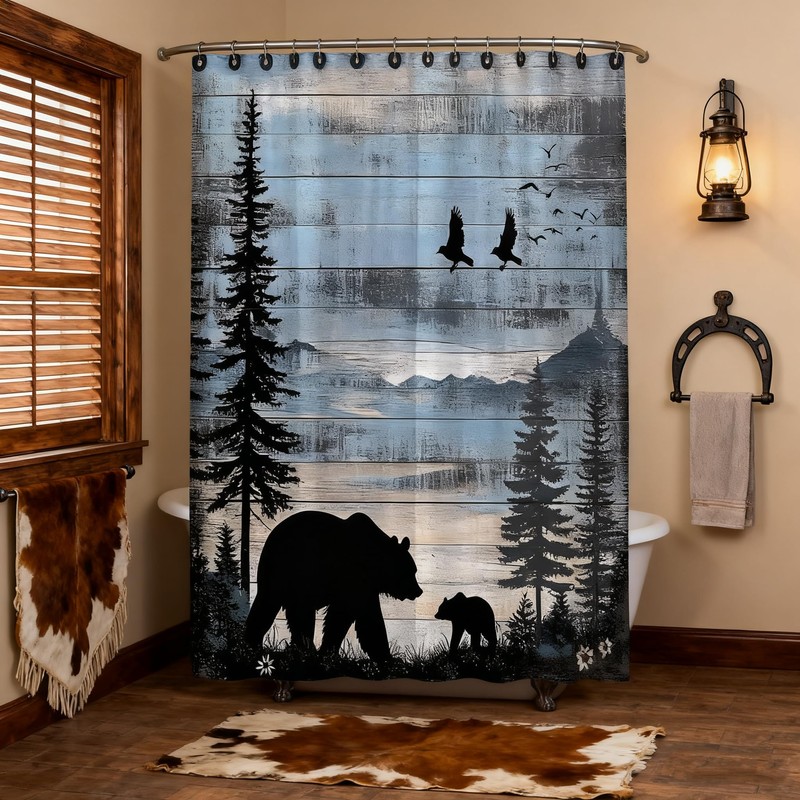 Rustic Forest Bear Shower Curtain Cabin Farmhouse Animal 70x70 inch