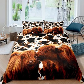 feelyou Highland Cow Duvet Cover Set 135 x 200 cm, Ink Milk Cowhide Print Tribal Tie Dye Duvet Cover with 1 Pillowcase, Rustic Vintage Western Wildlife Bedding Sets for Kids Bo