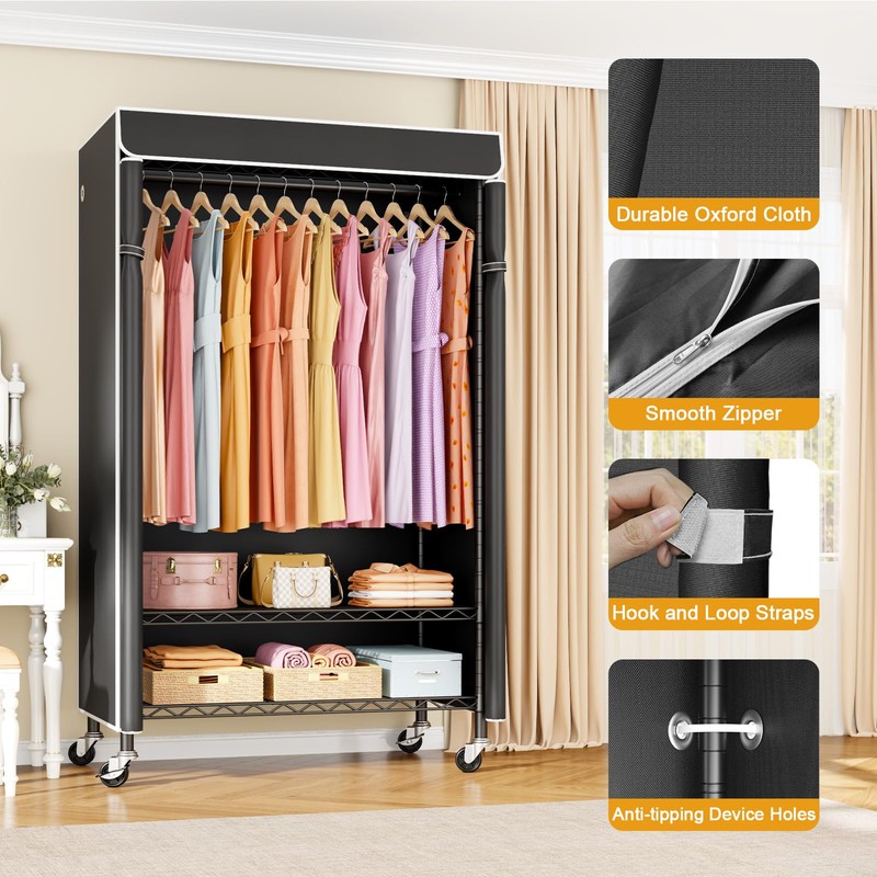 ULIFHOME P6C Rolling Clothes Rack with Cover, Covered Clothing Racks
