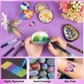 SAKEYR Metallic Acrylic Paint Markers - 1.0mm Fine Tip Glitter Paint Pens for Rock Painting, Stone, Glass, Ceramic, Wood, Fabric, Black Paper, Scrapbook Journals, Photo Albums, DIY Crafts (12 Colors)
