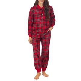 Lanz of Salzburg Sleepwear for Women Henley Neck Long Sleeve Flannel Pajama Set - Red Tartan Plaid, X-Small