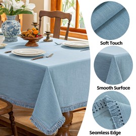 AmHoo Linen Tablecloth Table Cloth Stitching Tassel Rectangle Decorative Natural Table Cover for Kitchen Dinning Wedding Buffet 55 x 120 Inch Cloud Blue