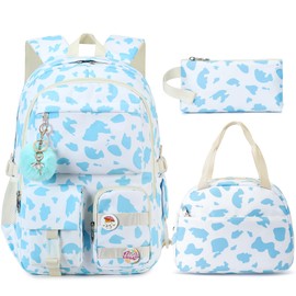 3 PCS Backpack Set for Girls, Laptop College School Backpack with Lunch Box Pencil Case Women Teens Cute Bookbag Kids Elementary Middle High School Bag Student Bookbags Set Travel Daypack -Blue