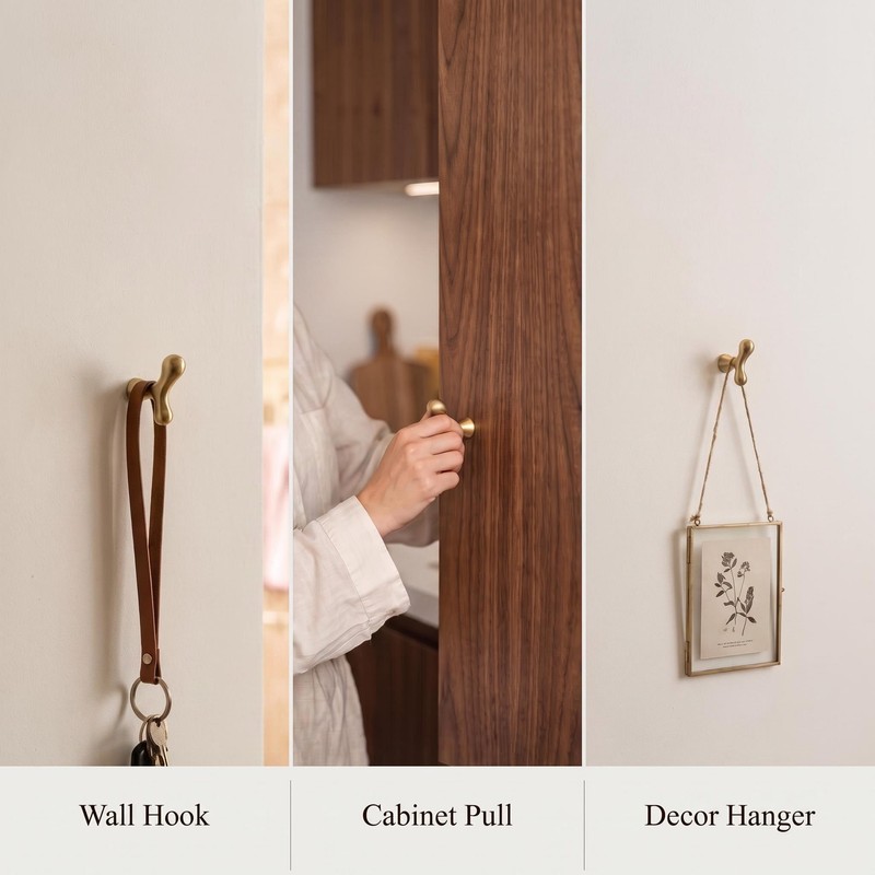 1 Pack Solid Brass Brushed Cabinet Hook Drawer Pull Knob