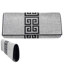 Vera NEW WT VERA CLEAR RHINESTONES BLACK GREEK KEY CLUTCH PURSE EVENING BAG STRAP