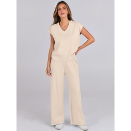 Caracilia Women's Summer 2 Piece Sweater Vest Sets Knit Top & Wide Leg Pants Lounge Matching Set 2025 Spring Airport Outfits Beige Large