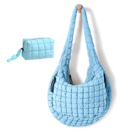 LOUKAYCCI Women Large Quilted Tote Bag Lightweight Quilted Carryall GYM Bag Soft Puffy Crossbody Bag Hobo Handbags Wallet (Lake Blue)
