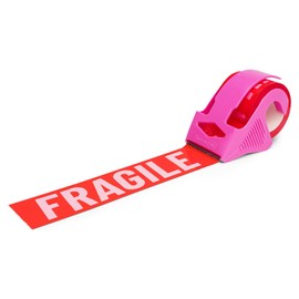 Fragile Packing Tape with Pink Dispenser – Please Be Gentle Red & Pink Design, 1.88" x 22.2 Yards – Packaging Tape for Moving Boxes, Small Business, and Mailers