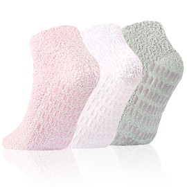 Slipper Socks With Grips for Women, Men, Youth - Fuzzy Warm Winter Non-Slip Hospital Socks 5-10 Home Cozy Grip Ankle Socks 3 Pairs (Light Grey+Pink+White)