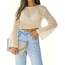 Womens Crochet Crop Top Long Sleeve See Through Hollow Out Mesh Knitted Beach Bikini Cover Ups (Apricot, Medium)