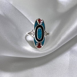 Southwestern Style Turquoise & Coral Gemstone 925 Sterling Silver Ring 7