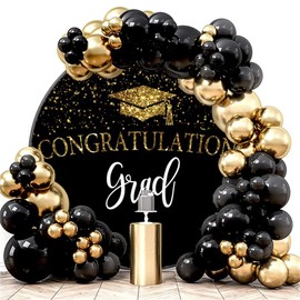 OERJU Graduation Round Backdrop Cover 6.5x6.5ft Congrats Grad Round Backdrop Black and Gold Congratulations Graduation Party Decoration Circle Backdrop Cover Photo Shoot Props Background