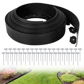 No-Dig Landscape Edging, 100 Foot Garden Edging Kit with 90 PCS Metal Spikes, 2 Inch Tall Garden Edging Roll for Landscaping, Lawn, Flower Beds, Grass, Yard(Black)