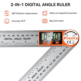 Preciva Digital Angle Protractor with Locking Function, Measuring Range: 000.0° ~ 999.9°, Stainless Steel Ruler for Woodworking, Home Work - 400 mm / 14 Inches