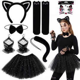 Cat Costume, Halloween Costumes, 7 PCS Cat Costumes Set with Cat Ears Headband Tutu Bow Tie Tail Gloves Stickers and Socks, Halloween Costume for Carnivals, Halloween, and Animal Themed Party Cosplay