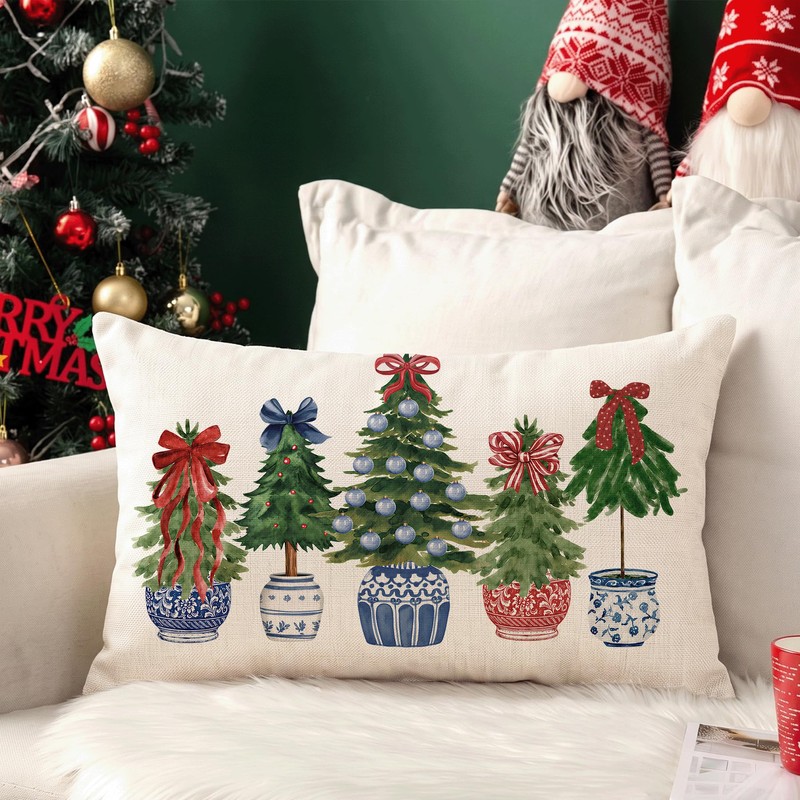 Christmas Blue Porcelain Lumbar Pillow Cover 12x20 Inch 1 Piece