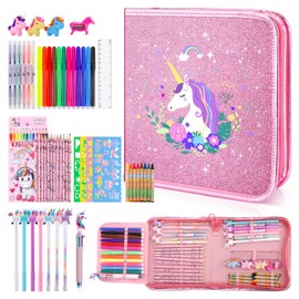 Fruit Scented Markers Set 56 Pcs with Glitter Unicorn Pencil Case & Stationery, Art Supplies for Kids Ages 4-6-8, Art Coloring Kits Box, Gifts Toy for Girls Age 5,7,Gel Pen,Pencil&Crayon Drawing Stuff