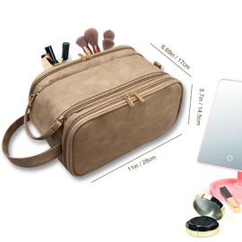 SUBAOQI Womens Best Folding Double Sided Zipper Makeup Bag Quilted Leather Travel Organizer with compartments Brush Holder, Makeup Bag Black Brown Accessories Waterproof Storage Puffy Compact (Brown)