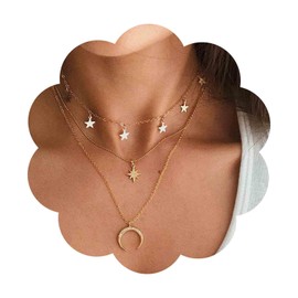 Dervivea Boho layered moon star choker necklace crystal northstar necklace cz moon pendant necklace gold star dangle necklace jewelry for women and girls