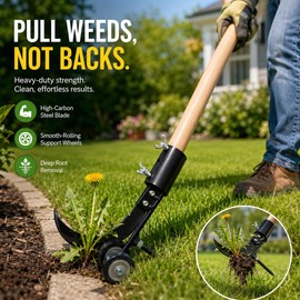 Heavy-Duty Garden Weeder Tool for Lawn Care – Manual Root Puller with Cutter & Wheels for Dandelions