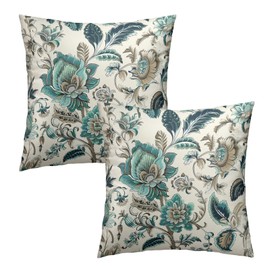 Teal Blue Flowers Throw Pillow Cover 20x20 Inch Pack of 2 Turquoise and Brown Floral Cushion Pillow Case Square Chinoiserie Cream Farmhouse Pillowcase for Party Bed Sofa Home Car Bedroom Outdoor