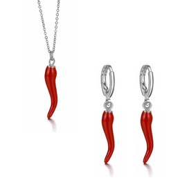 Dreuyet Italian Horn Hoop Earrings and Necklace for Women Dainty Enamel Red Chili Pepper Shaped Horn Pendant Chain Necklace Talisman Protection Jewelry Lucky Amulet Cornicello Charm Necklaces, Alloy