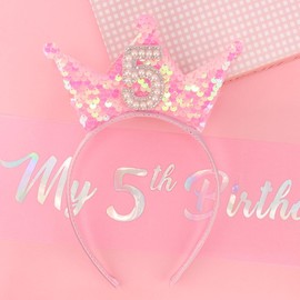 Exacoo 5th Brithday Decorations for Girl,Birthday Headband and Sash Set Pink Happy Brithday Decorations for 5 Year old Girl Princess Crown Headband for Girls 5th Brithday Girls Outfit