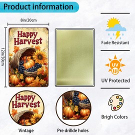 KIYOYO Happy Harvest Vintage Thanksgiving Day Metal Tin Sign Rustic Wall Decor Holiday Home Art Plaque Farmhouse Porch Kitchen Dining Room Autumn Decor 12x8 Inch